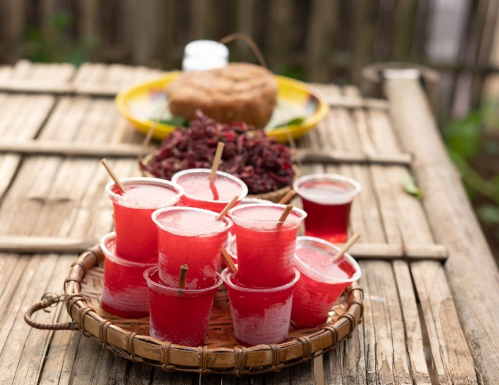 Roselle Ice Cream with raw ingredients 